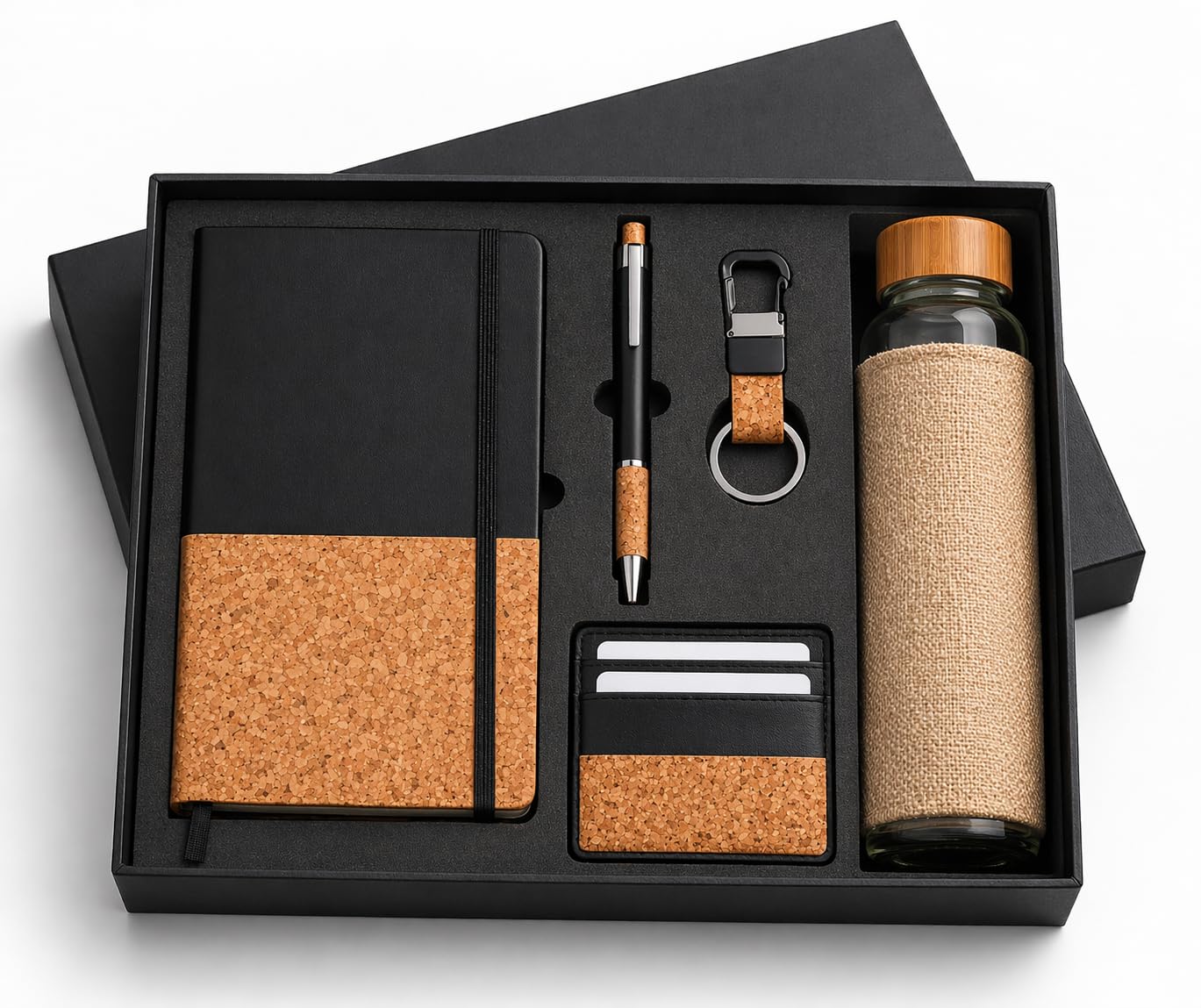 Customized 5-in-1 Office Gift Set with Notebook, Bottle, Pen & Keychain, Cork Corporate Gift
