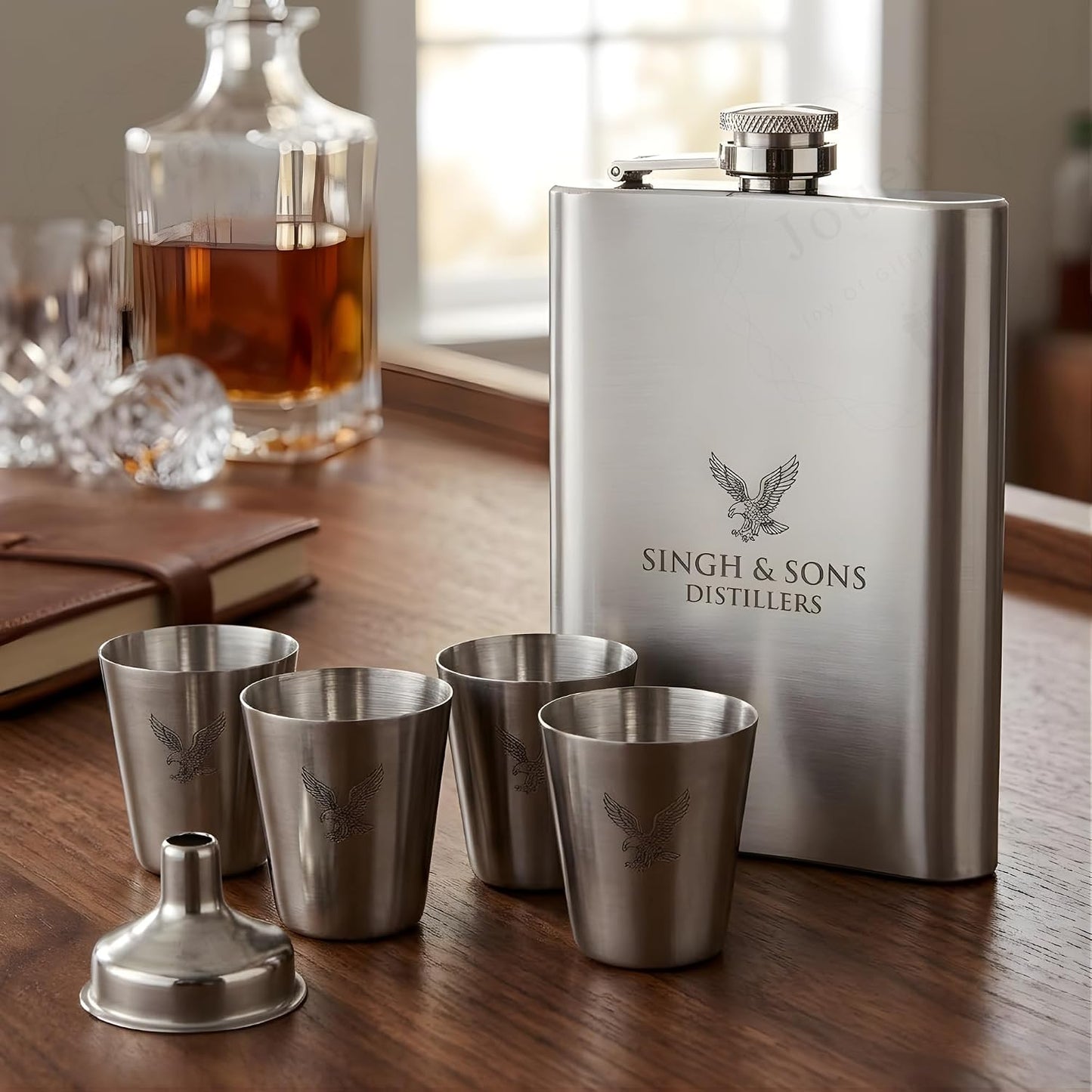 Personalized Stainless Steel Hip Flask Gift Set – Custom Name or Logo Engraving with Shot Glasses & Funnel