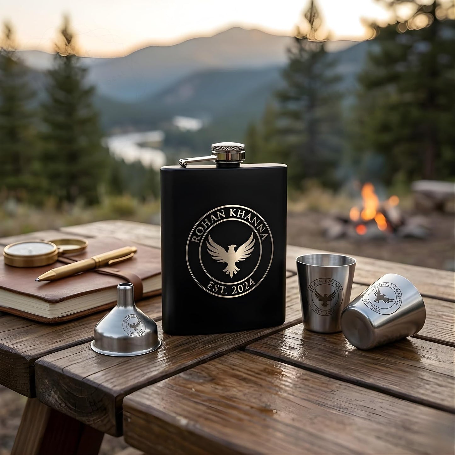 Personalized Black Stainless Steel Hip Flask Gift Set – 210ml Engraved Flask with 2 Shot Glasses & Funnel