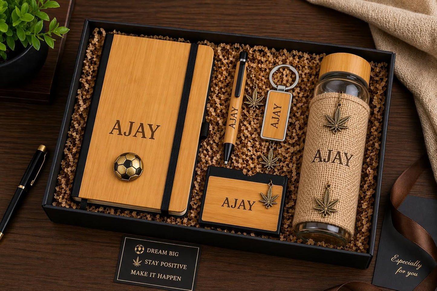 Personalized 5-in-1 Office Gift Set with Name & Charm, Notebook, Glass Bottle, Pen, Card Holder & Keychain,Corporate Gift