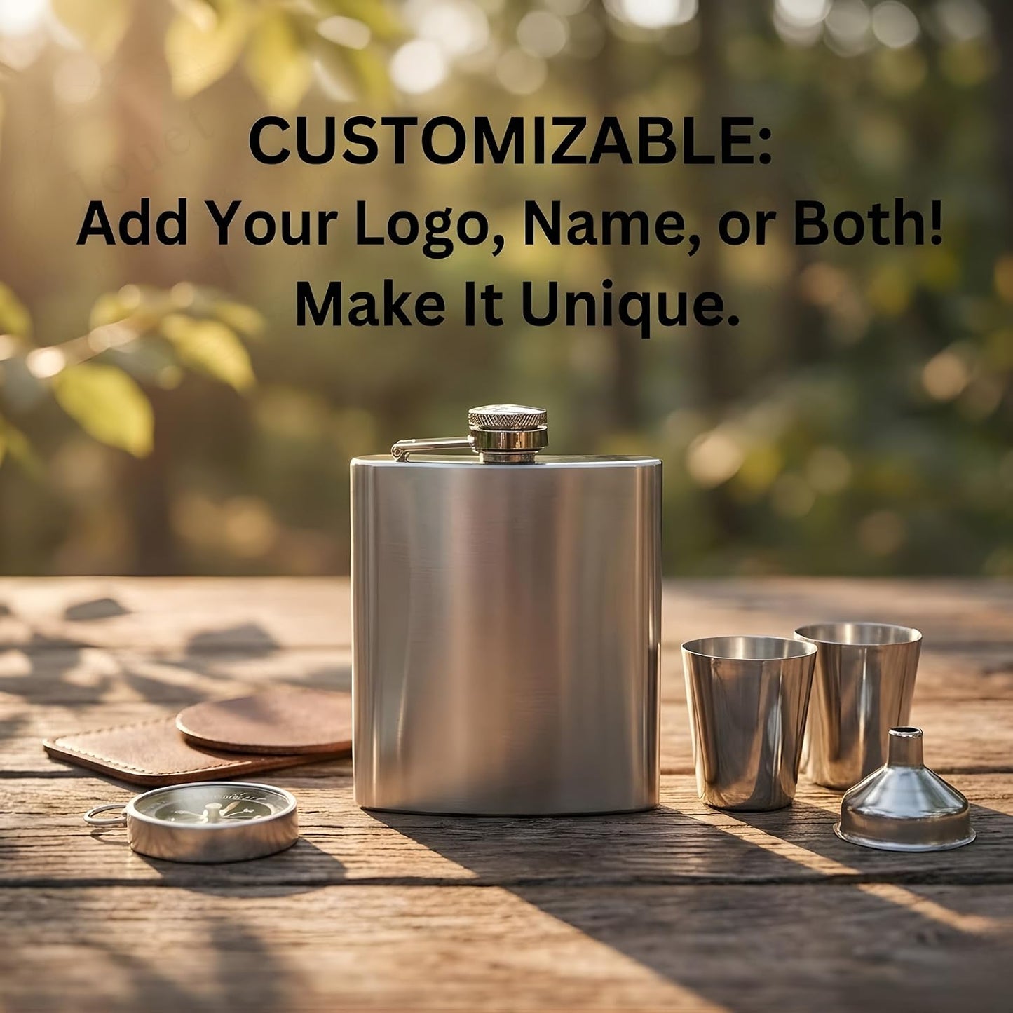 Personalized 210ml Stainless Steel Hip Flask Gift Set – Custom Name or Logo Engraving with 2 Shot Glasses & Funnel