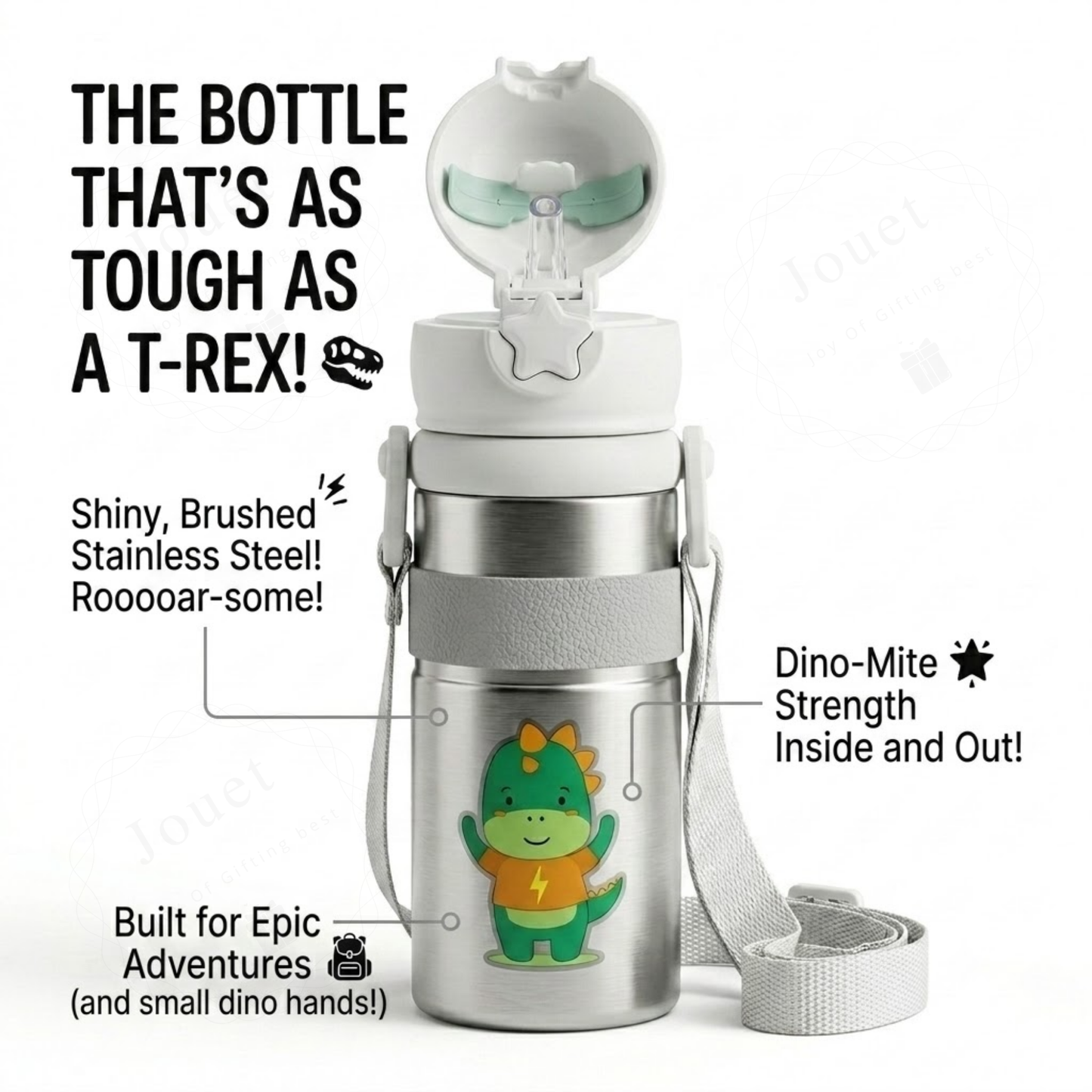 Kids Dinosaur Water Bottle 600ml – Stainless Steel Straw Sipper with Carry Strap