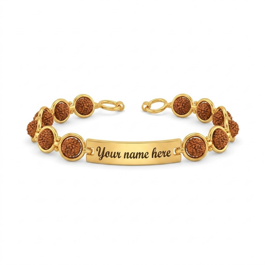 Personalized Rudraksha Rakhi Bracelet for Brother with Engraved Name Stainless Steel Bracelet