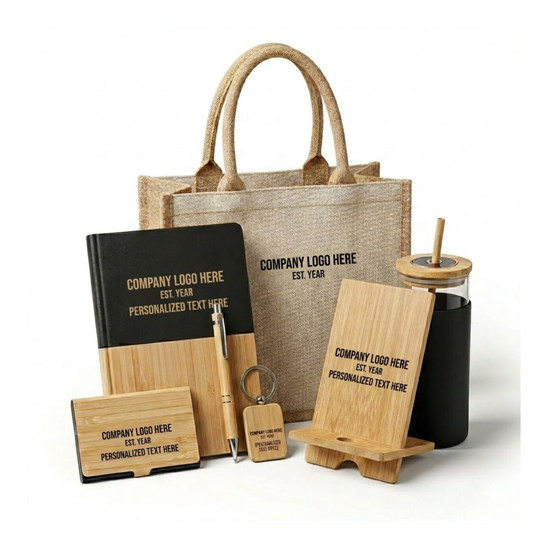 Customisable Bamboo Corporate Gift Set, 7-Piece Combo with Notebook, Pen, Tumbler, Jute Tote Bag, Phone Stand, Keychain, Card Holder