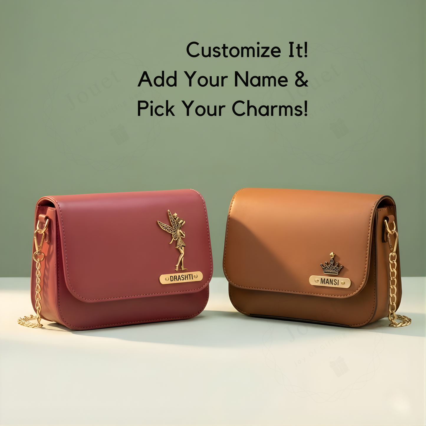Personalized Faux Leather Sling Bag for Women with Custom Name & Charm, Mini Crossbody Bag with Chain Strap, 19.5 x 6 x 16.5 cm