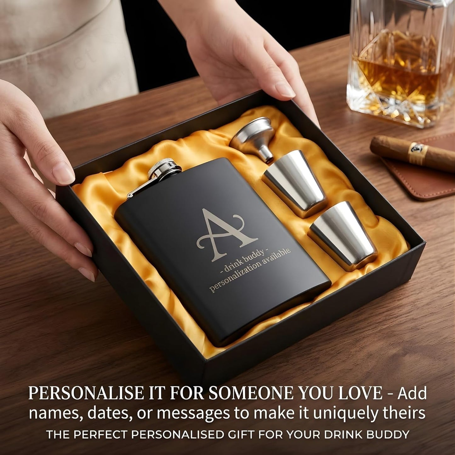 Personalized Black Stainless Steel Hip Flask Gift Set – 210ml Engraved Flask with 2 Shot Glasses & Funnel