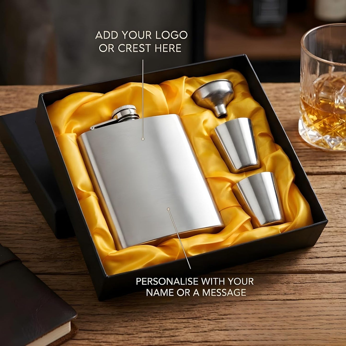 Personalized 210ml Stainless Steel Hip Flask Gift Set – Custom Name or Logo Engraving with 2 Shot Glasses & Funnel