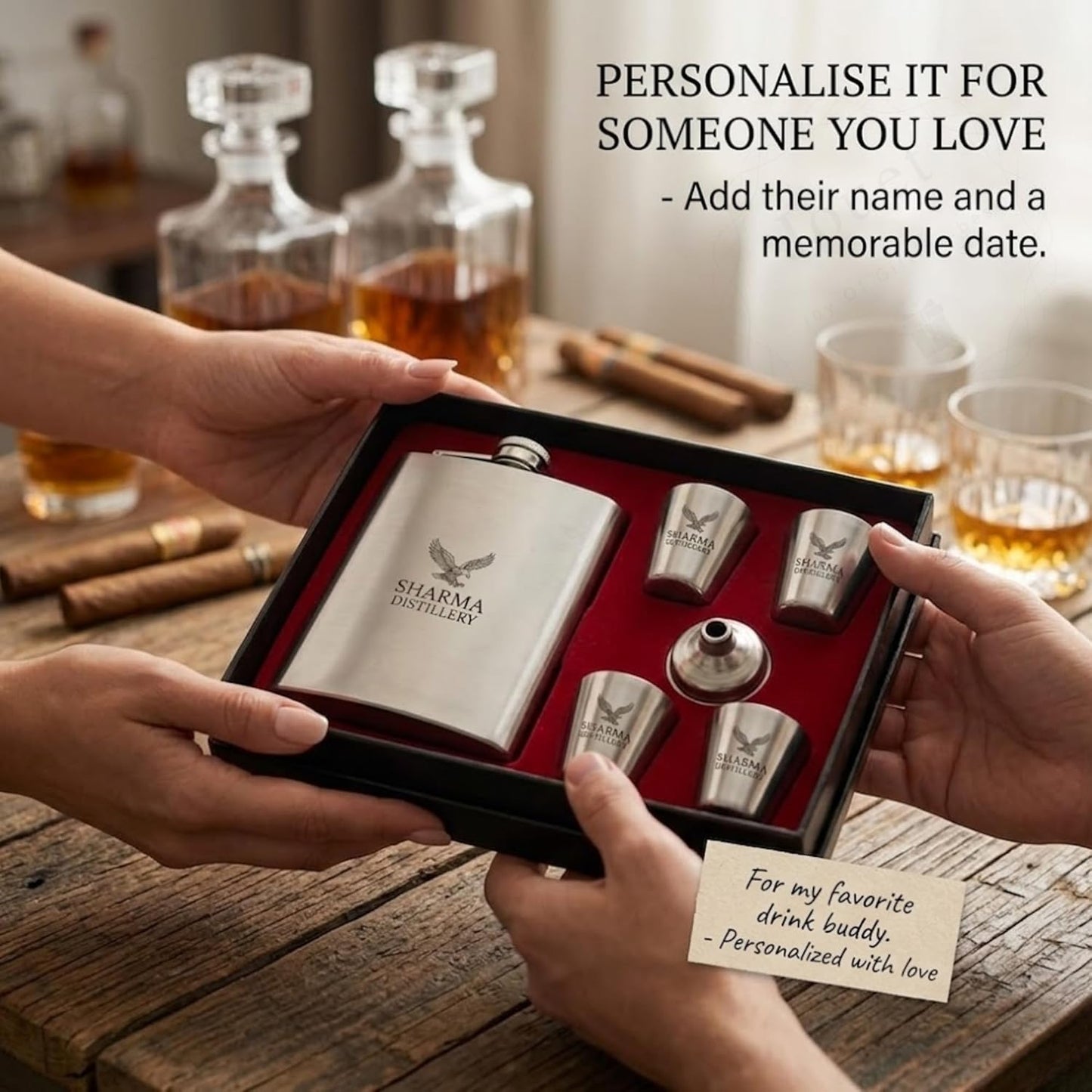 Personalized Stainless Steel Hip Flask Gift Set – Custom Name or Logo Engraving with Shot Glasses & Funnel
