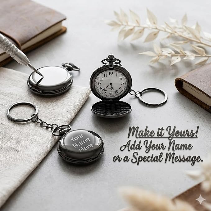 Personalized Antique Black Pocket Watch Keychain with Custom Engraving, Vintage Quartz Fob Watch Gift