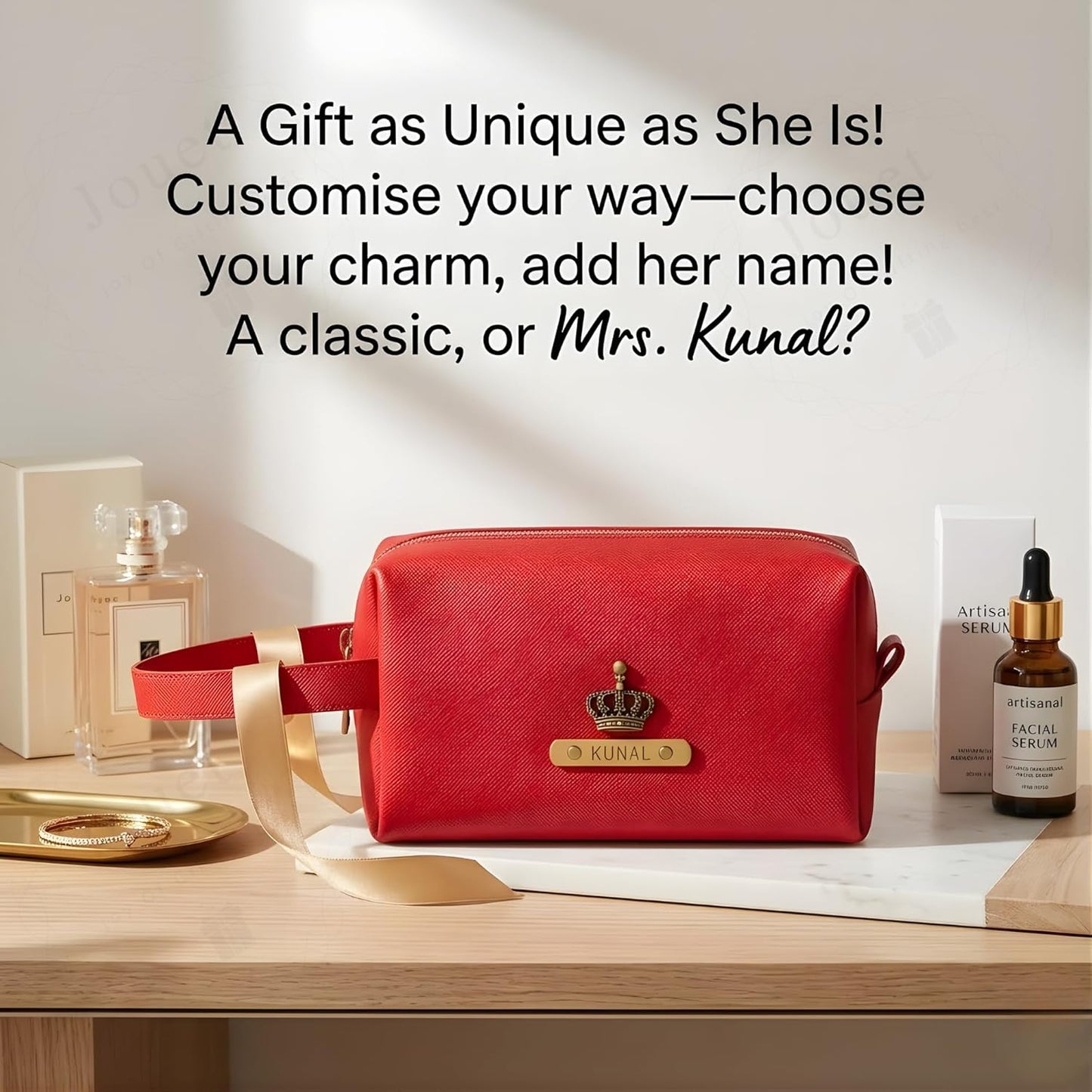 Personalized Synthetic Leather Travel Pouch with Custom Name Plate & Charm, Large Makeup and Toiletry Organizer