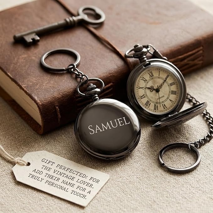 Personalized Antique Black Pocket Watch Keychain with Custom Engraving, Vintage Quartz Fob Watch Gift