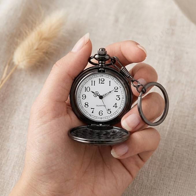 Personalized Antique Black Pocket Watch Keychain with Custom Engraving, Vintage Quartz Fob Watch Gift