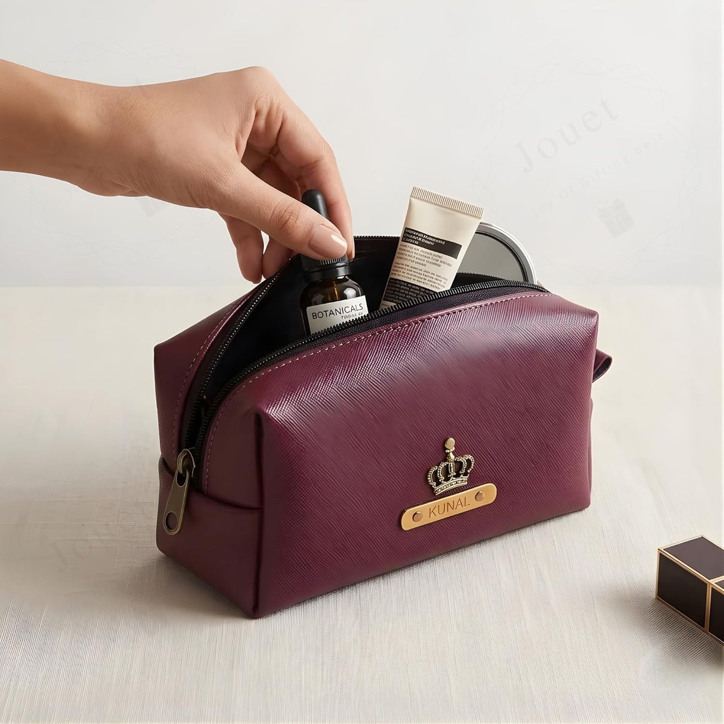 Personalized Synthetic Leather Travel Pouch with Custom Name Plate & Charm, Large Makeup and Toiletry Organizer