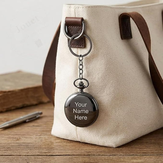 Personalized Antique Black Pocket Watch Keychain with Custom Engraving, Vintage Quartz Fob Watch Gift