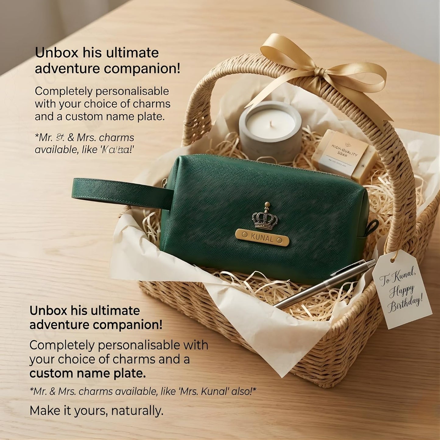 Personalized Synthetic Leather Travel Pouch with Custom Name Plate & Charm, Large Makeup and Toiletry Organizer
