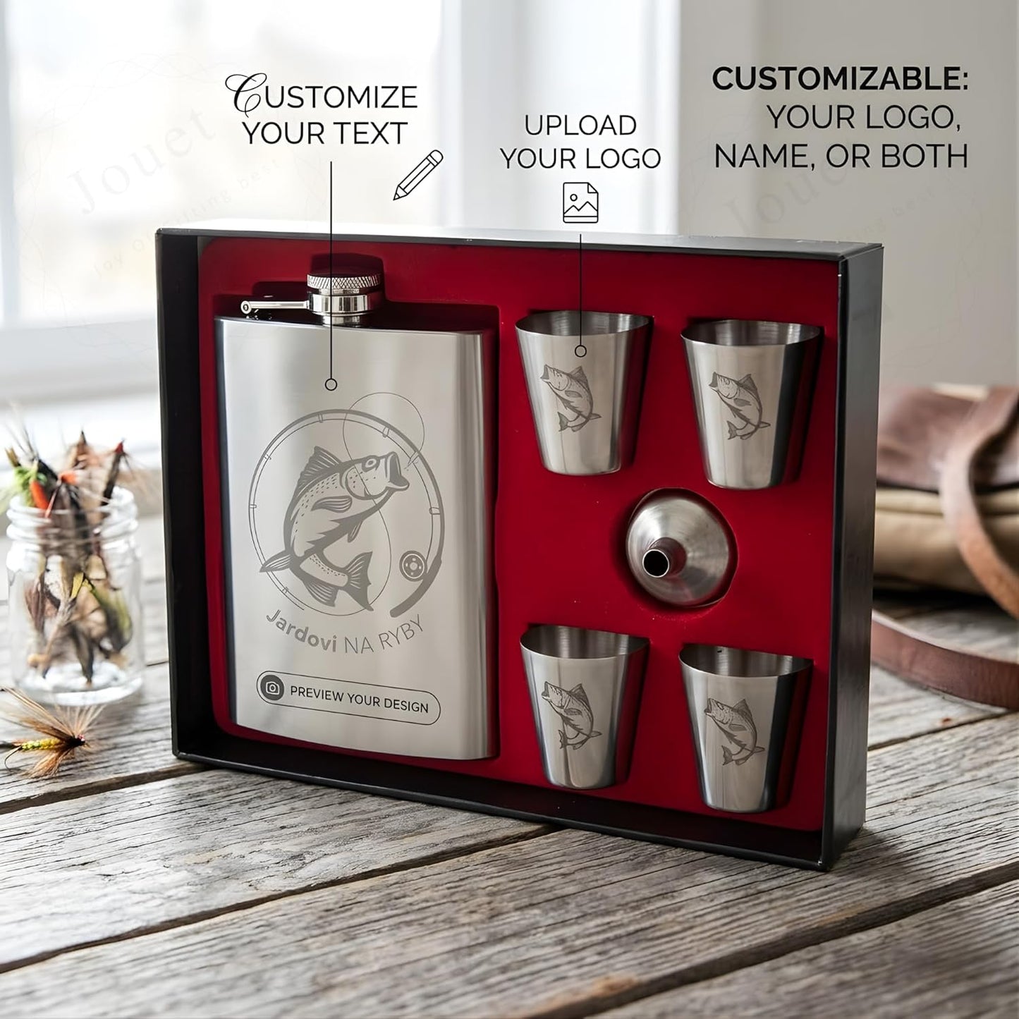 Personalized Stainless Steel Hip Flask Gift Set – Custom Name or Logo Engraving with Shot Glasses & Funnel