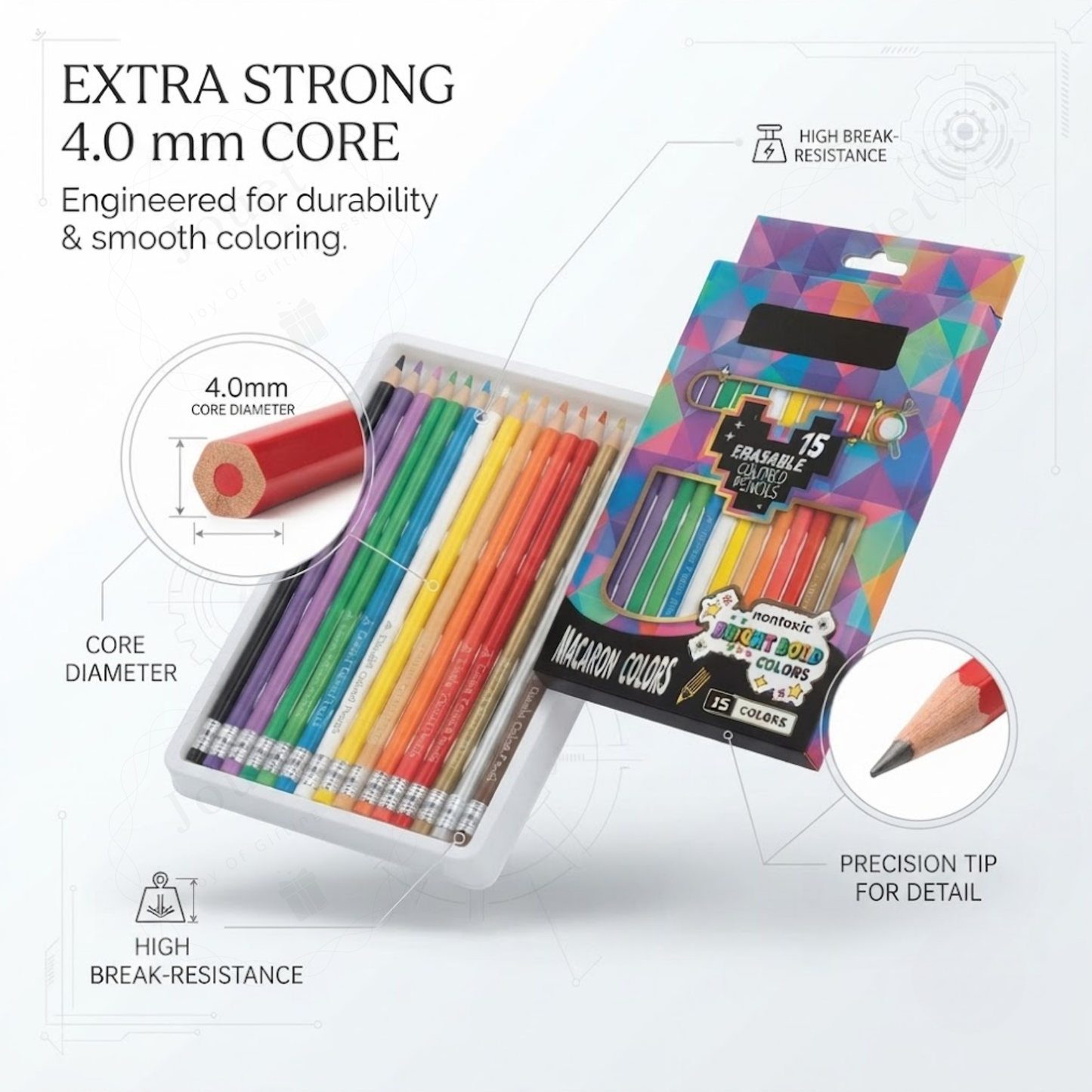 15-Piece Erasable Colored Pencils Set | Pre-Sharpened with Built-In Erasers
