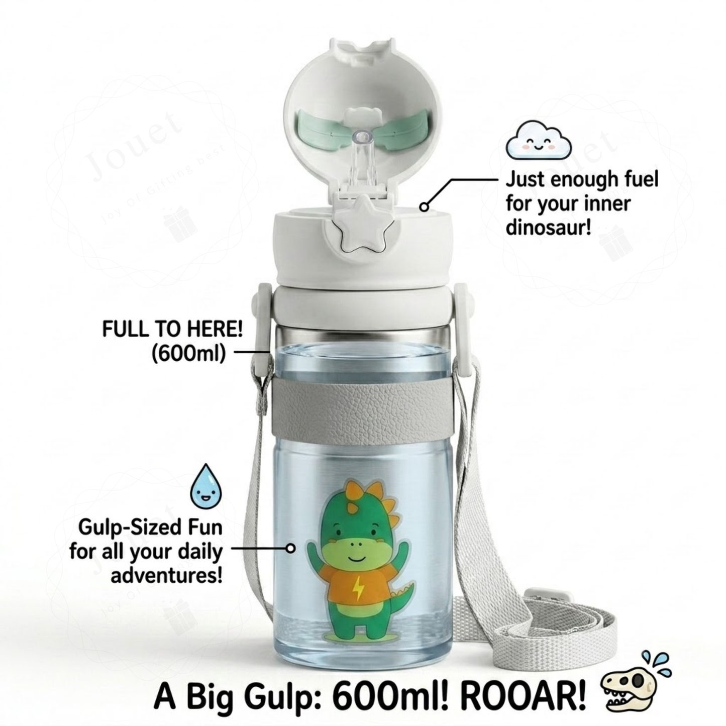 Kids Dinosaur Water Bottle 600ml – Stainless Steel Straw Sipper with Carry Strap