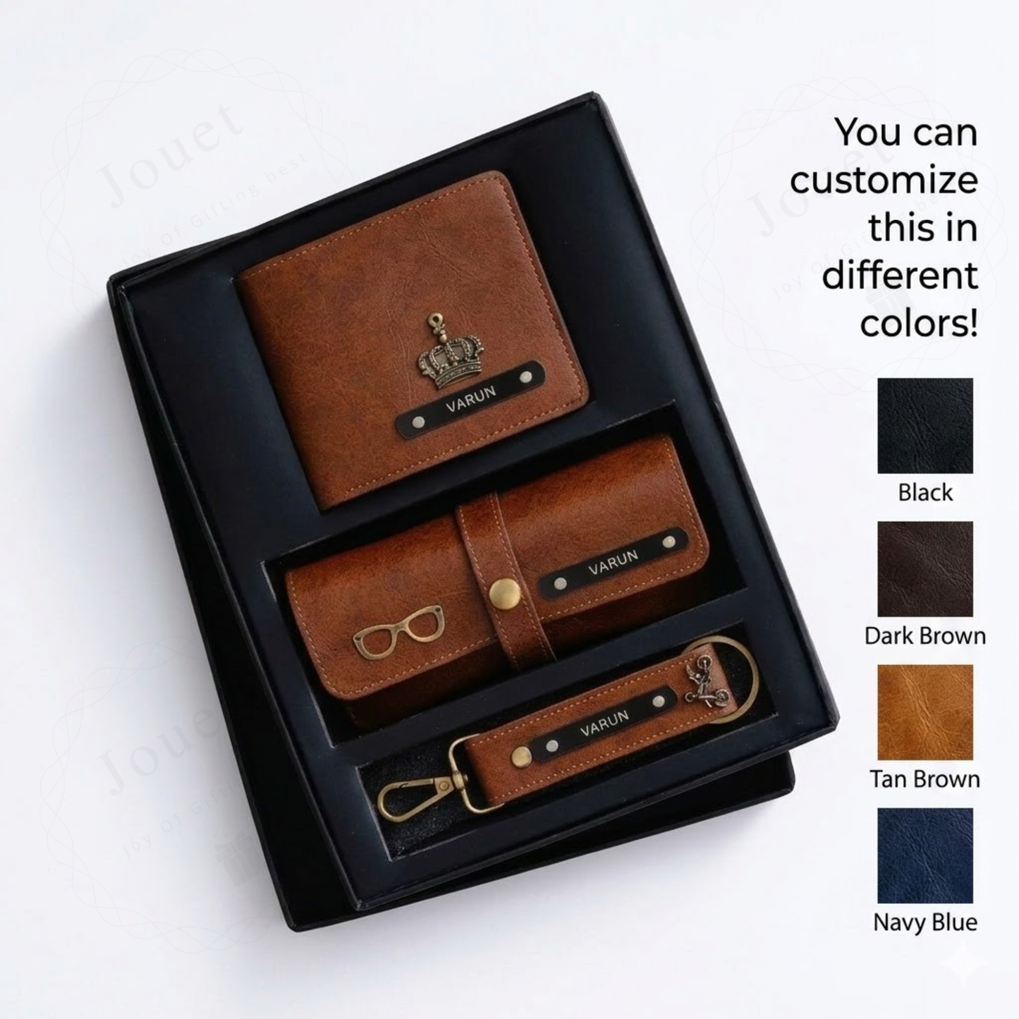 Personalized Men’s Leather Gift Set with Bi-Fold Wallet, Eyewear Case & Keychain, Custom Name Engraved Accessories Combo