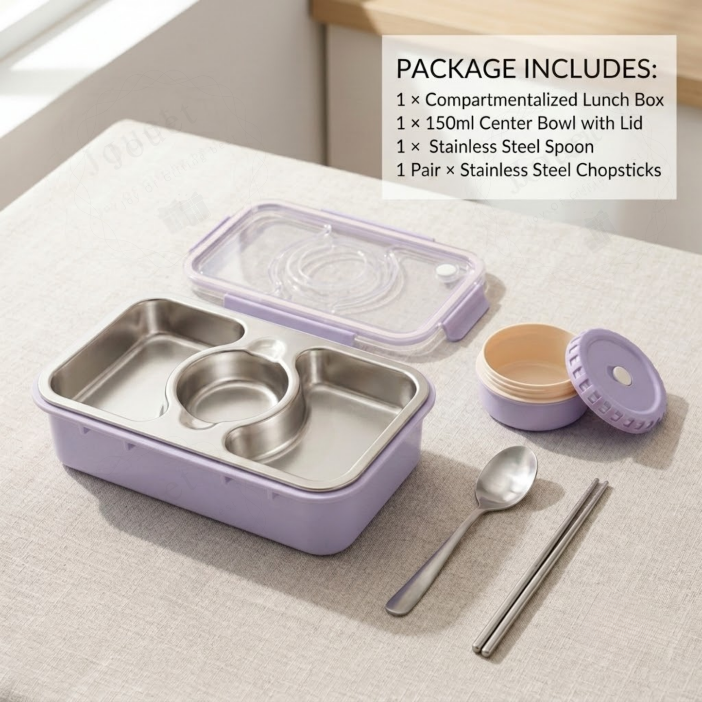 Insulated Stainless Steel Lunch Box with 3 Compartments & Steel Cutlery