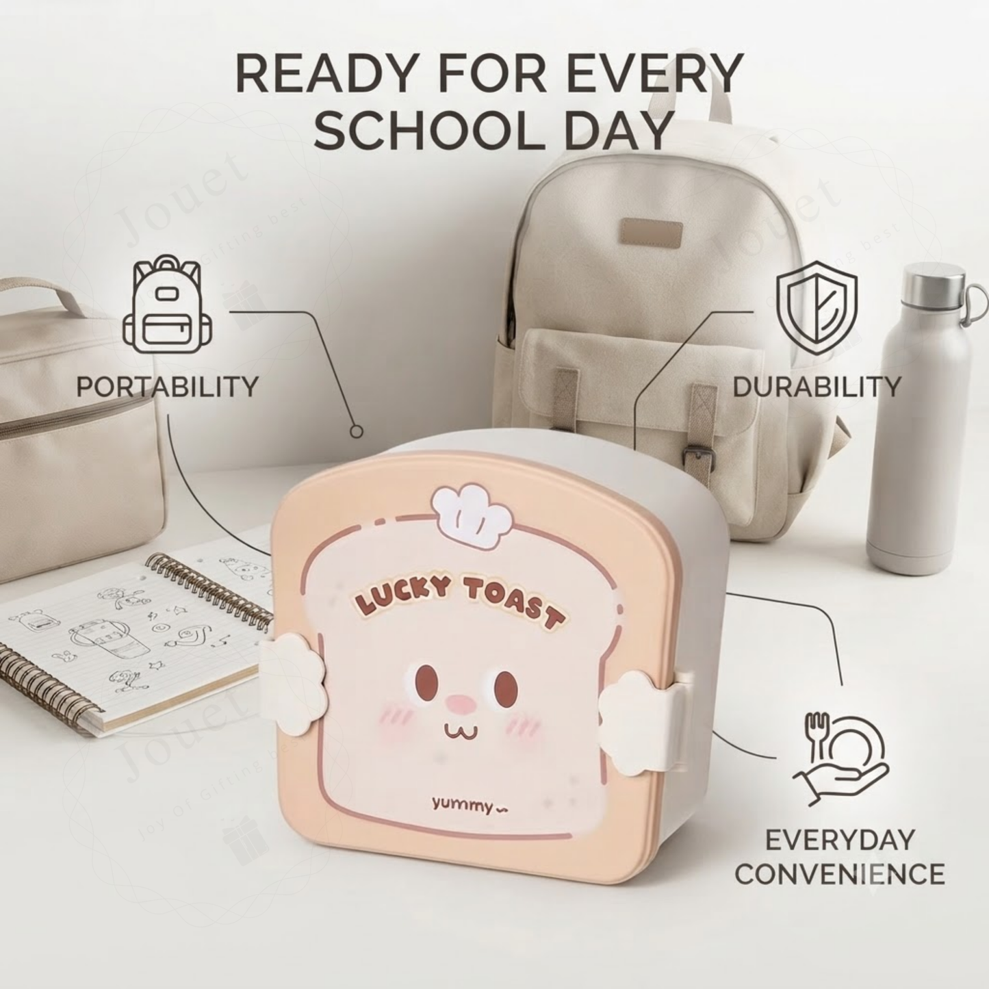 Toast-Shaped Kids Bento Lunch Box with Spoon & Fork | 3-Compartment Lunch Box for School