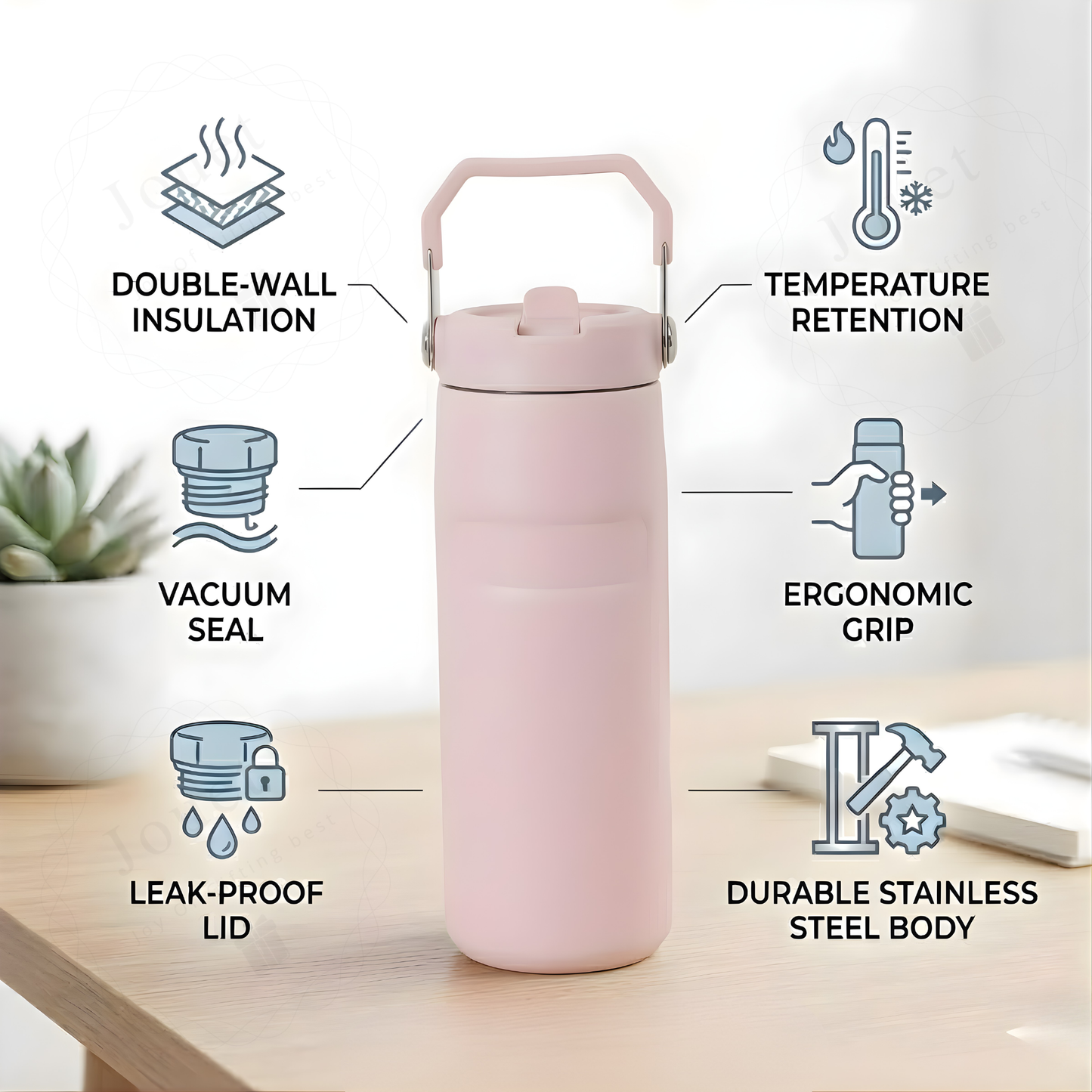 Personalized 500ml Thermos Flask with Name, Stainless Steel Insulated Water Bottle with Handle & Flip Straw Lid