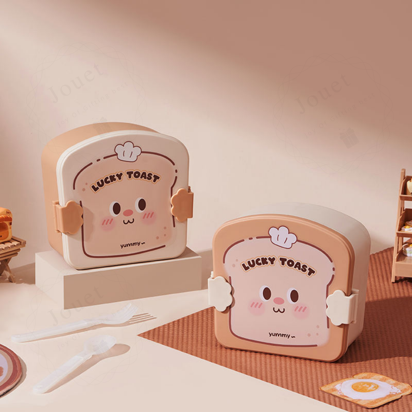 Toast-Shaped Kids Bento Lunch Box with Spoon & Fork | 3-Compartment Lunch Box for School