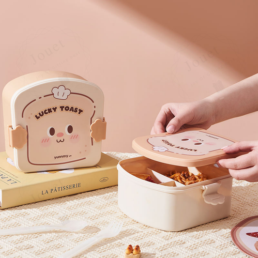 Toast-Shaped Kids Bento Lunch Box with Spoon & Fork | 3-Compartment Lunch Box for School