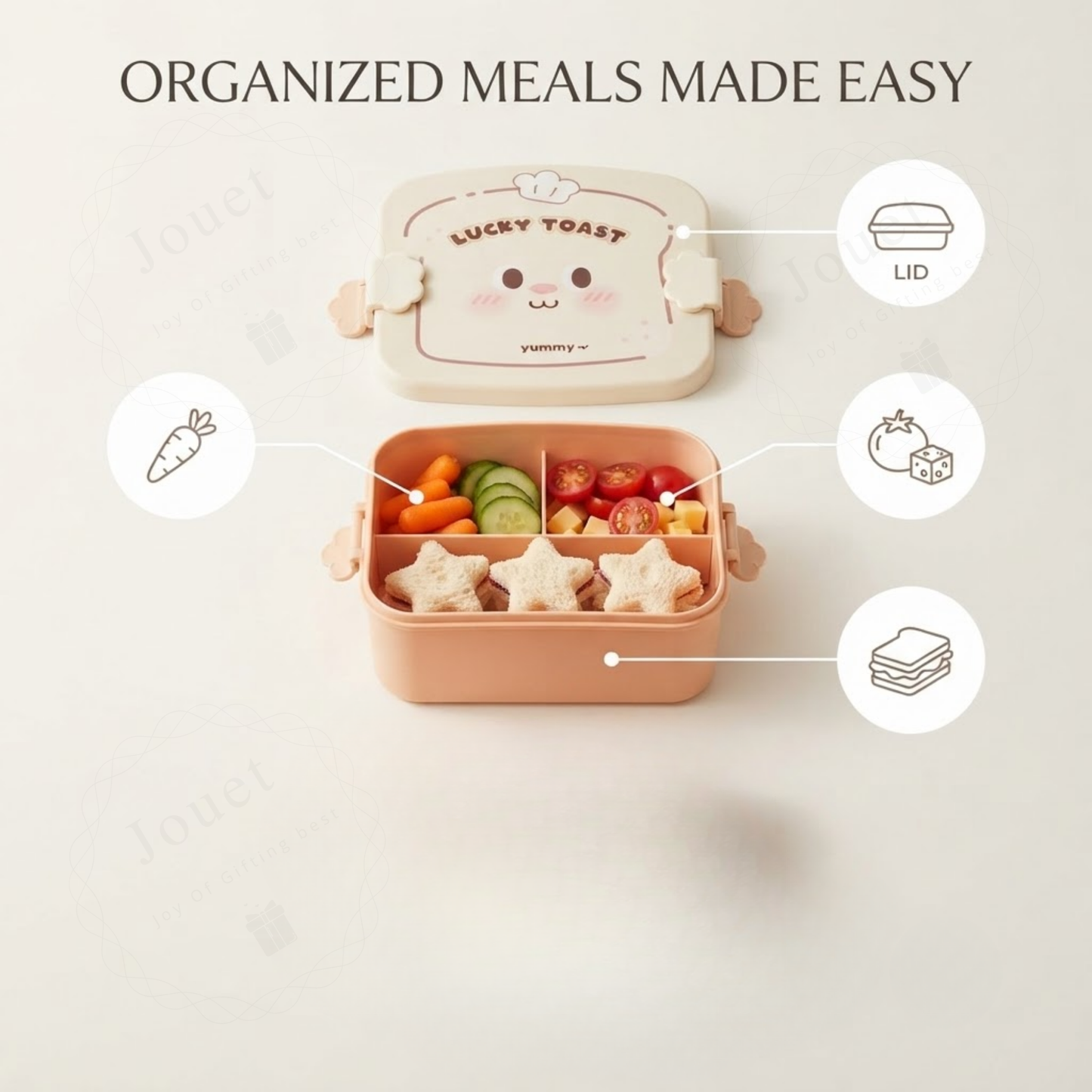 Toast-Shaped Kids Bento Lunch Box with Spoon & Fork | 3-Compartment Lunch Box for School