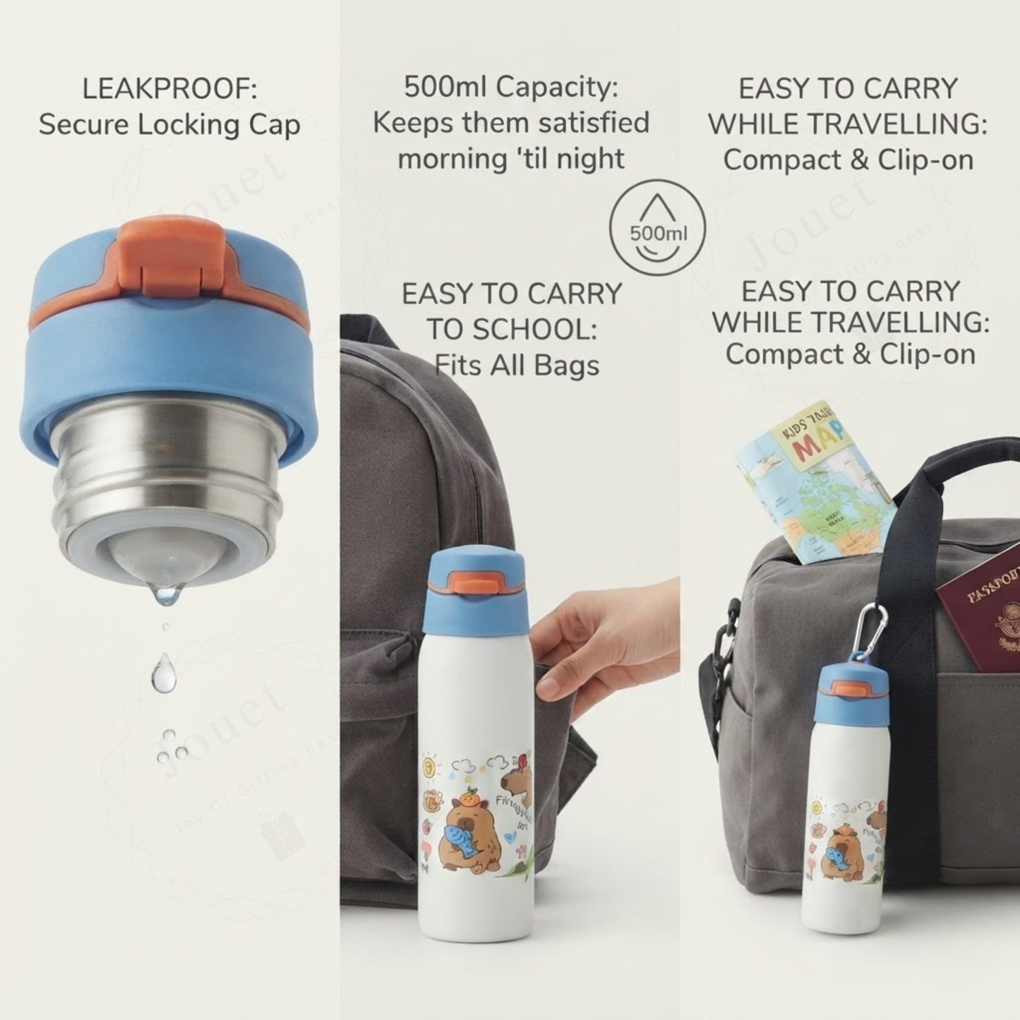 500ml Capybara Kids Stainless Steel Water Bottle with Flip Top Lid