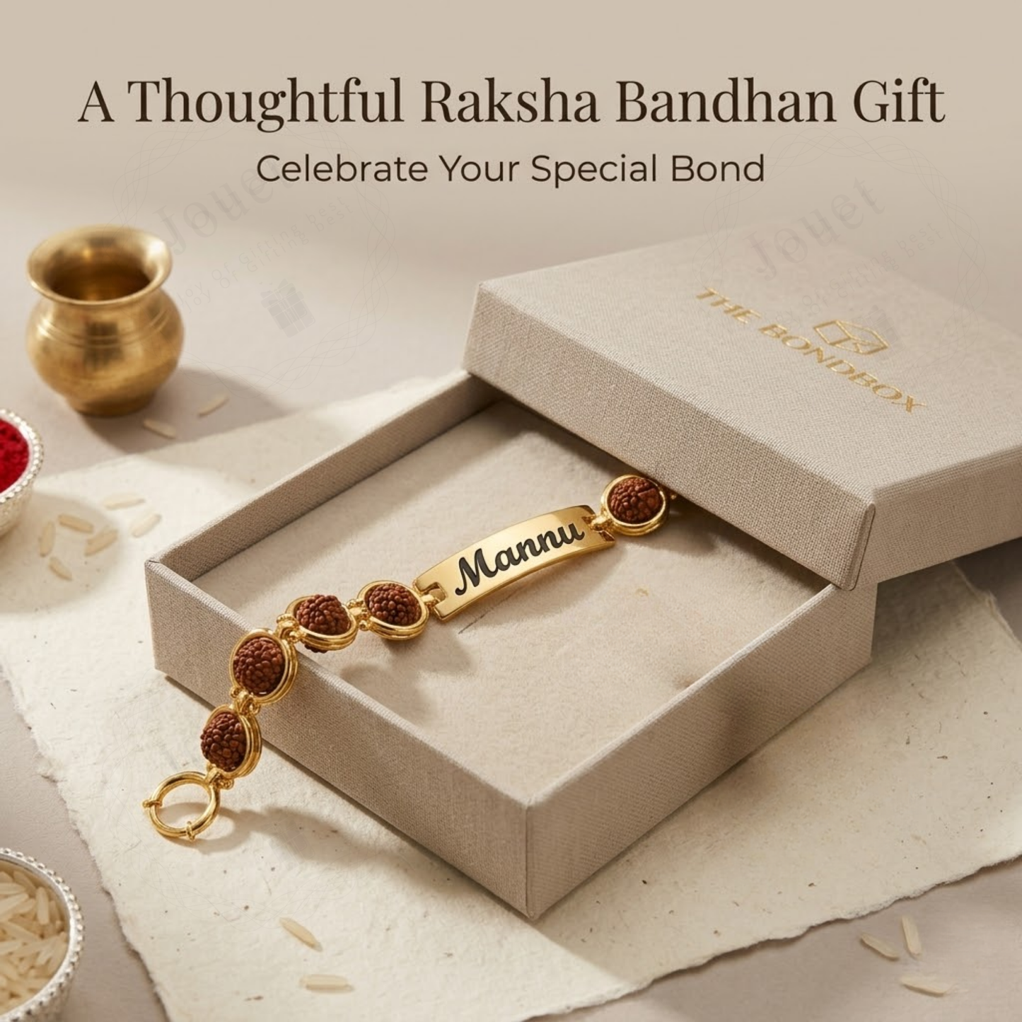 Personalized Rudraksha Rakhi Bracelet for Brother with Engraved Name Stainless Steel Bracelet