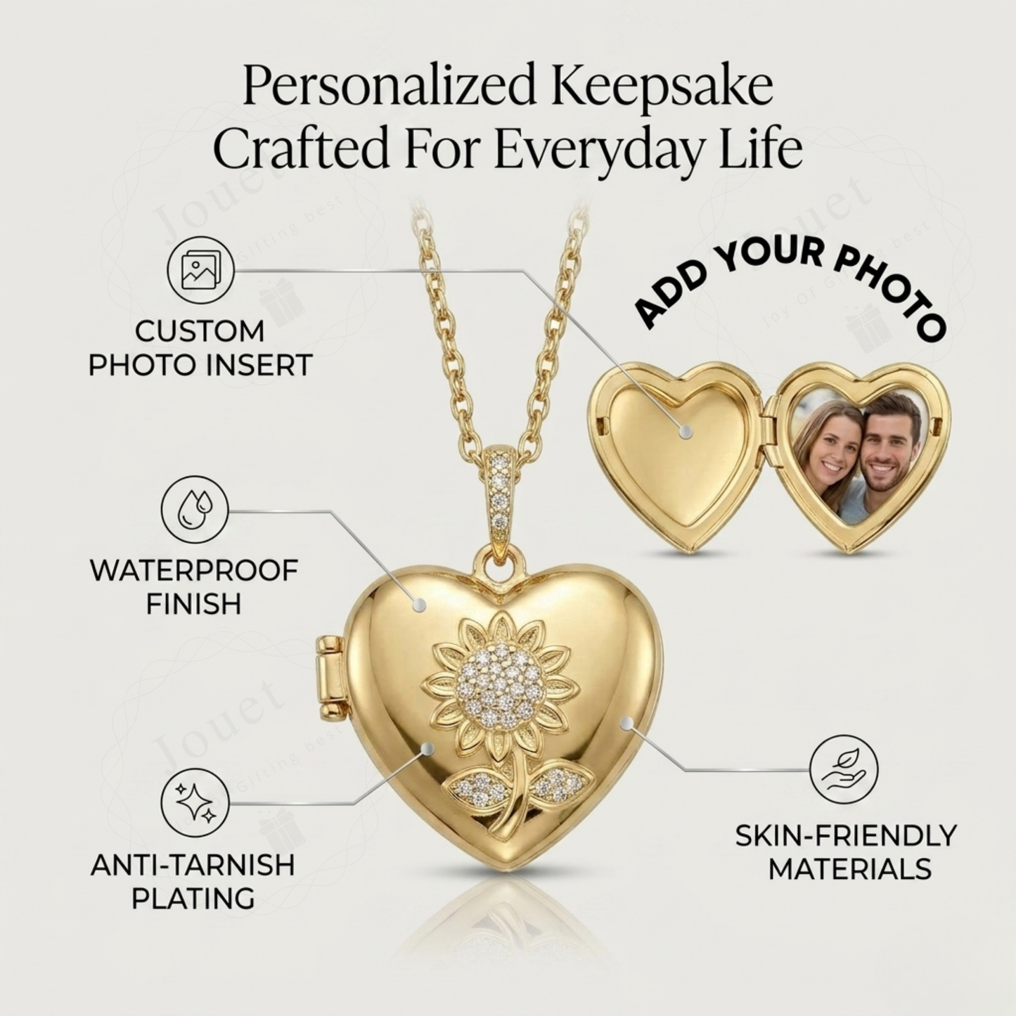 Personalized Heart Photo Locket Necklace for Women with Crystal Sunflower Design, Stainless Steel Waterproof Jewelry Gift for Her