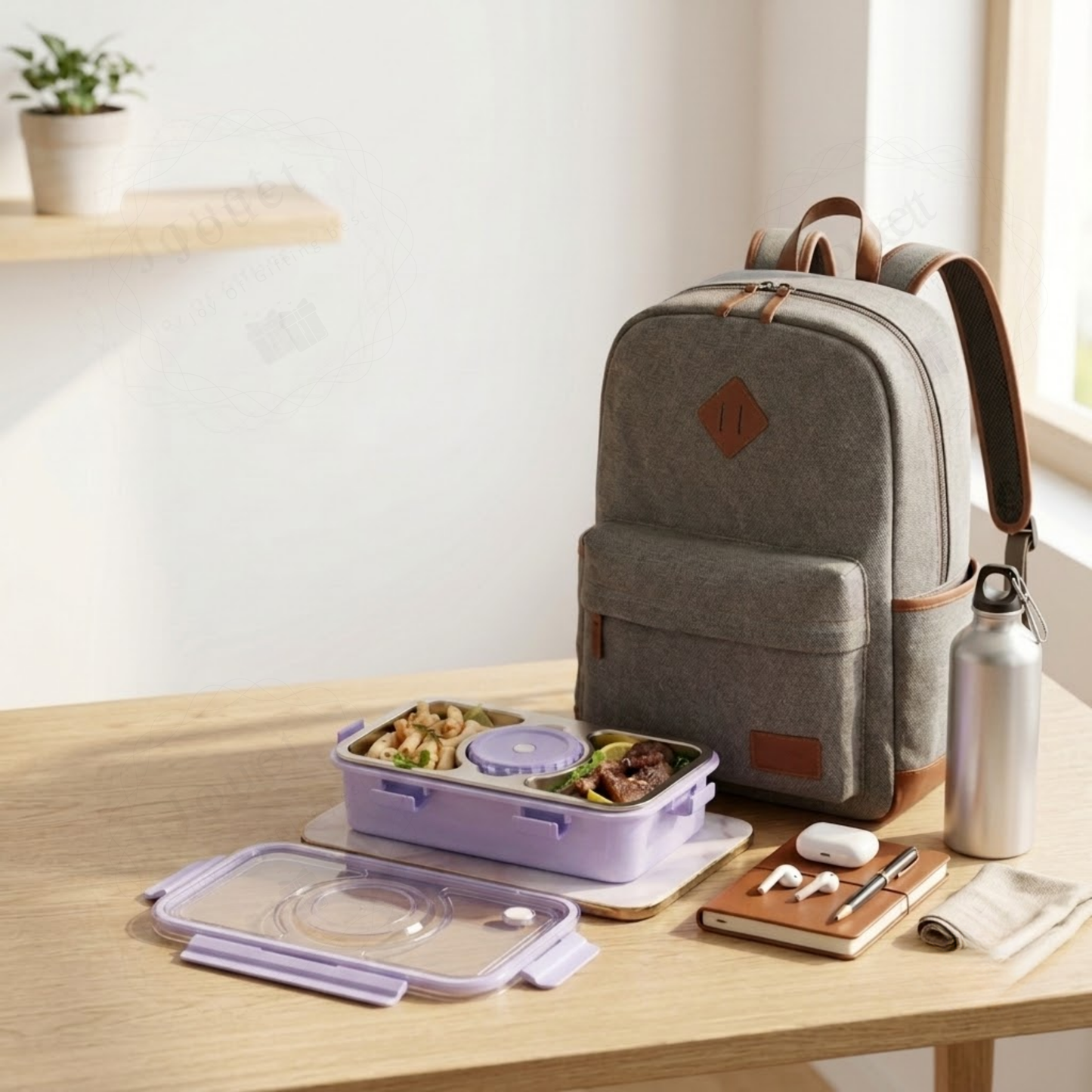 Insulated Stainless Steel Lunch Box with 3 Compartments & Steel Cutlery