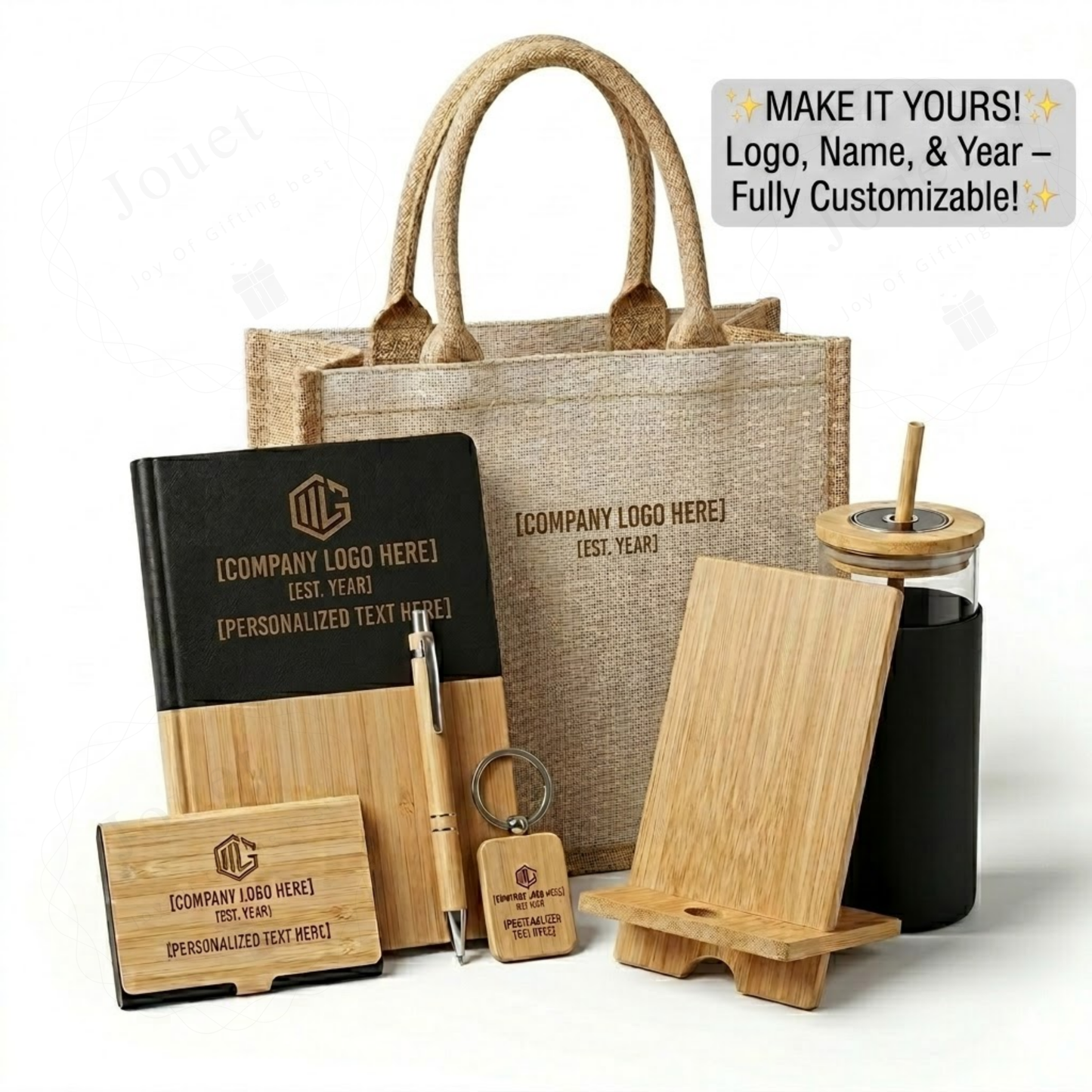 Customisable Bamboo Corporate Gift Set, 7-Piece Combo with Notebook, Pen, Tumbler, Jute Tote Bag, Phone Stand, Keychain, Card Holder