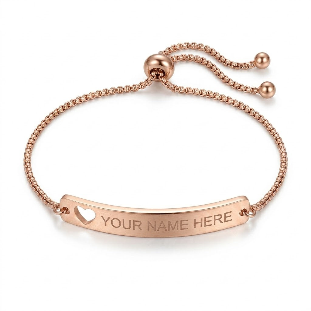 Personalized Stainless Steel Adjustable Bar Bracelet with Heart Cutout, Laser Engraved Name or Message, Custom Jewelry Gift for Men & Women